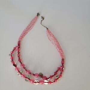 Vintage Pink Multi Strand Bead Necklace Silver Discs Statement Costume Jewelry